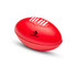 A red Squeeze Football with white stripes and a logo. It’s designed as a fun stress ball.
