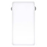 A white power bank with a sleek design and rounded edges, featuring a logo.