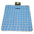 A blue and white checked picnic blanket with a dark green trim and a small attached pouch.