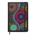 A black A5 notebook featuring a vibrant, circular patterned cover with shades of blue, pink, yellow, and white.