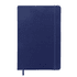 A navy blue A5 notebook with a textured cover and an attached elastic band. It features a logo on the front.