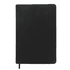A black A5 notebook with a textured cover, featuring an elastic band and a ribbon marker.