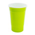 A drink cup with a double wall design, featuring a bright green exterior and a white interior. It has a logo.