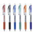 A collection of six gel ink pens in red, black, blue, green, orange, and teal, featuring clear barrels and grip designs.