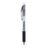 A clear gel ink pen with a black grip, featuring a silver clip and a transparent barrel. It has a branding logo.