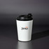 A drink bottle with a white body and black lid, featuring a logo on the front.
