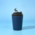 A drink bottle in navy blue with a black lid and a built-in straw, featuring a logo.