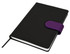 A black notebook with a purple elastic band closure, featuring a ribbon bookmark and an embossed logo.