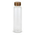 A drink bottle with a clear, ribbed glass body and a wooden lid, showcasing a sleek and modern design.