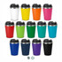 A collection of reusable coffee cups in various colours including white, yellow, pink, red, green, blue, navy, purple, and black, each with a lid and a stainless steel band.