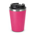 A drink bottle in bright pink with a black lid and stainless steel band, featuring a logo.