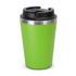 A green coffee cup with a stainless steel band and a black lid, featuring a simple design.