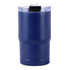 A drink bottle in navy blue with a clear lid and a built-in slide open/close mechanism, featuring a logo.