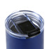 A drink bottle with a navy blue exterior and a clear lid featuring a sliding opening mechanism. It has a logo.