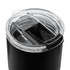 A drink bottle featuring a black exterior and a clear lid with a sliding closure. Includes a logo.