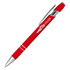 A red ballpoint pen with a click action mechanism and silver accents, featuring a branding logo.