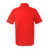 A red polo shirt with short sleeves and a collar, featuring a logo on the back.