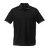 A black short sleeve performance polo shirt with grey accents and a logo on the chest.