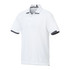 A white performance polo shirt with short sleeves and dark grey accents, featuring a small logo on the chest.