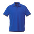 A blue short sleeve performance polo shirt with contrasting collar and sleeve details. It features a logo.