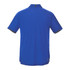 A blue short sleeve polo shirt with a collar and a logo on the back. Designed for performance wear.
