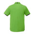 A green short sleeve performance polo shirt with a black trim and a logo on the back.