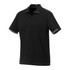 A black short sleeve performance polo shirt with contrasting trim and a logo on the chest area.