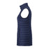 A lightweight navy puffer vest with a zip fastening and side pockets, featuring a logo on the fabric.