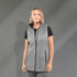 A lightweight, packable insulated puffer vest in grey, featuring a zip front and side pockets, worn over a black shirt.