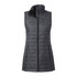 A women's lightweight packable insulated puffer vest in dark grey, featuring a high collar and zip closure, with a branding logo.