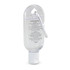 A clear 30ml hand sanitiser bottle with a carabiner attached. The bottle features a white flip-top cap.