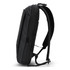 A black backpack featuring a sleek design, padded straps, and multiple zippered compartments. It has a logo on the front.