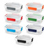 A set of glass lunch boxes with colourful silicone clips in grey, orange, green, blue, and navy. Each box is transparent.