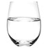 A stemless wine glass, crafted from clear glass, filled with water, showcasing its elegant, curved design.