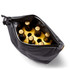 A black cooler bag containing six drink bottles, with a zippered closure and a logo visible on the outer surface.