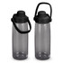 A drink bottle featuring a translucent grey body and a black lid with a carry handle, including a logo.