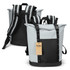 A cool grey and black cooler totpack with adjustable straps and a top handle, featuring a logo.