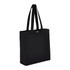 A black recycled cotton tote bag with a snap closure and two handles. It features a logo.