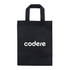 A black tradeshow bag with two handles and a white logo on the front.