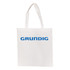 A white shopping tote bag with blue branding, featuring two handles for carrying.