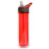 A drink bottle featuring a transparent body with a red finish and a grey lid, complete with a straw and a logo.