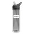 A drink bottle with a clear body and dark grey lid, featuring a straw and a logo.