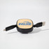A fast charging cable in black with a wooden textured centre and two connectors, featuring a logo.