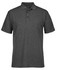 A dark grey polo shirt with a collar and three buttons, featuring a logo on the chest.