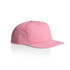 A pink cap featuring a structured design and a logo on the front, ideal for headwear.