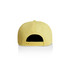 A yellow cap featuring a snapback closure and a logo on the back.
