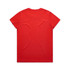 A red T-shirt with a round neckline and short sleeves, featuring a logo on the back.