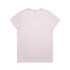 A plain light pink T-shirt with a round neckline and short sleeves, featuring a logo on the back.