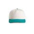 A two-tone cap featuring a white crown and a teal peak, complete with branding.