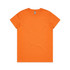 An orange T-shirt with a round neckline and short sleeves, featuring a logo on the label.